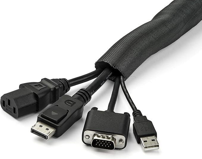 StarTech.com 15' (4.6m) Cable Management Sleeve - Flexible Coiled Cable Wrap - 1.0-1.5" Dia. Expandable Sleeve - Polyester Cord Manager/Protector/Concealer - Black Trimmable Cable Organizer