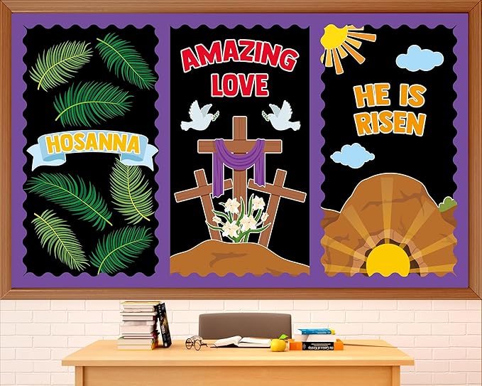 Easter Christian Bulletin Board Set He is Risen Religious Classroom Decoration Jesus Resurrection Cross Lily Hosanna Cutouts for Spring Church Sunday School Classroom Home Chalkboard Wall Decor