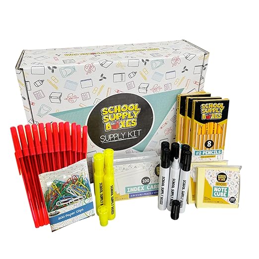 School Supply Boxes | Teacher Bundle (1 Box) | Back to School Essentials Kit Designed for Teachers | Includes Pencils, Red Pens, Dry Erase Markers, Sticky Notes, Paper Clips & More