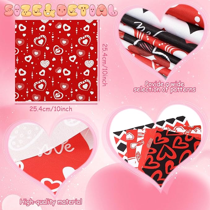 Shimeyao 60 Pcs 10 x 10 Inch Valentine's Day Quilting Fabric Bundle Fat Quarters Heart Printed Squares Fabric Print Red Black Patchwork Supplies for Valentines Day DIY Decorations Sewing Craft