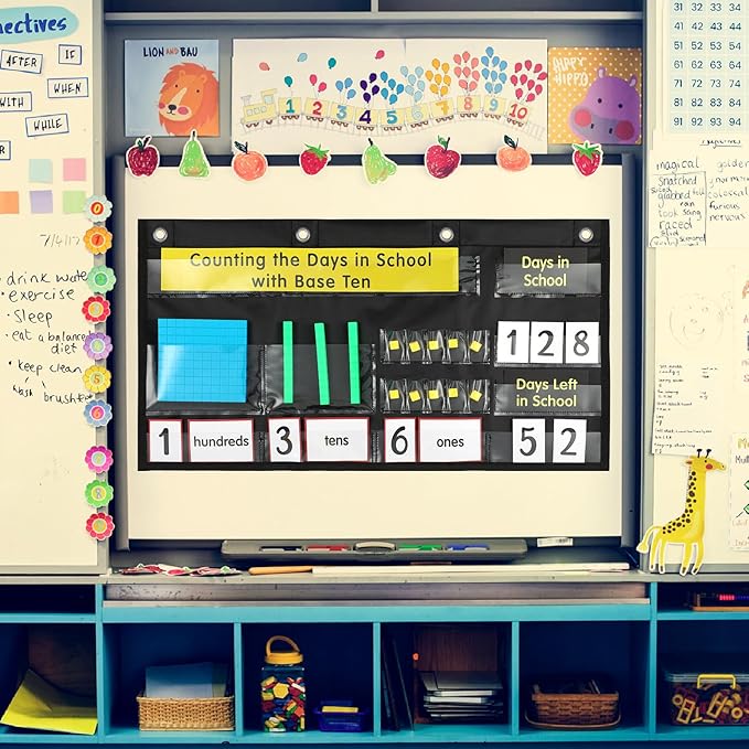 Back to School Counting The Days with Base Ten Pocket Chart Place Value, Counting Caddie Pocket Chart for Classroom Bulletin Board School or Home Decor, 4 Hooks(Black,Classic Style)
