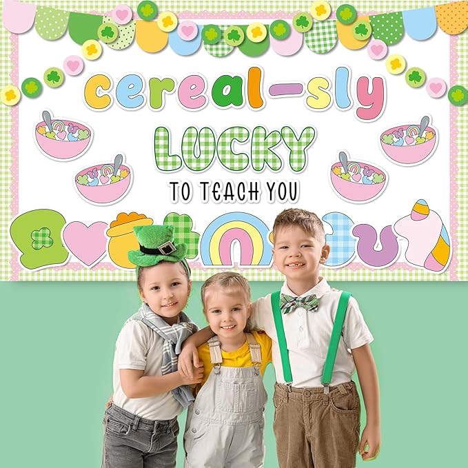 St. Patrick's Day Cereal-Sly Bulletin Board Lucky Shamrock Bulletin Board Decorations Rainbow Gold Coin Paper Cutouts for St. Patrick Party Supplies Home Classroom Chalkboard Wall Door Window Decor