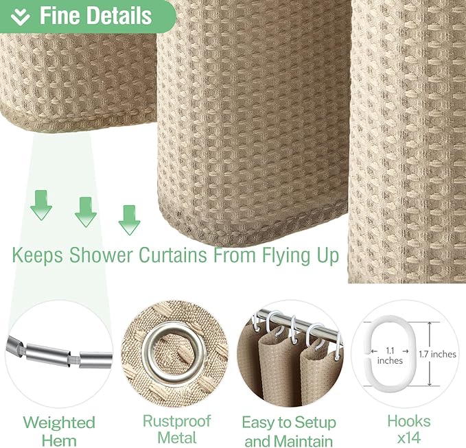 Dynamene Extra Wide Shower Curtain - 84 Inch Wide Waffle Weave Weighted Thick Cloth Bathroom Shower Curtain, Neutral Heavy Duty Hotel Bath Curtain Set with 14 Plastic Hooks, 84x72, Beige/Khaki