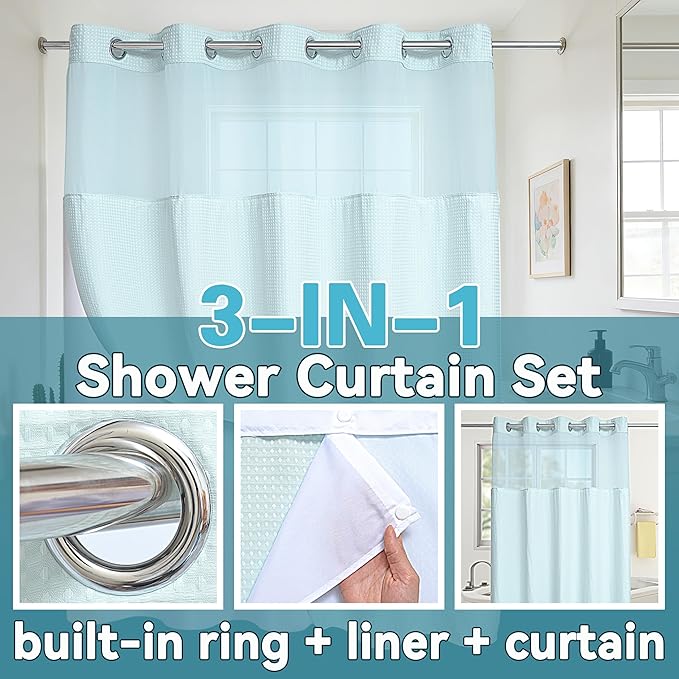 Conbo Mio No Hook Waffle Weave Shower Curtain with Snap in Liner Set, Hotel Luxury Blue Shower Curtains for Bathroom with See Through Top Window, Waterproof, Washable 71W x 74H
