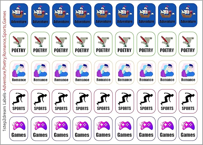 Genre Book Spine Labels for Library | Classroom Library Classification Stickers 450pcs | Adventure,Poetry,Romance,Sports,Games