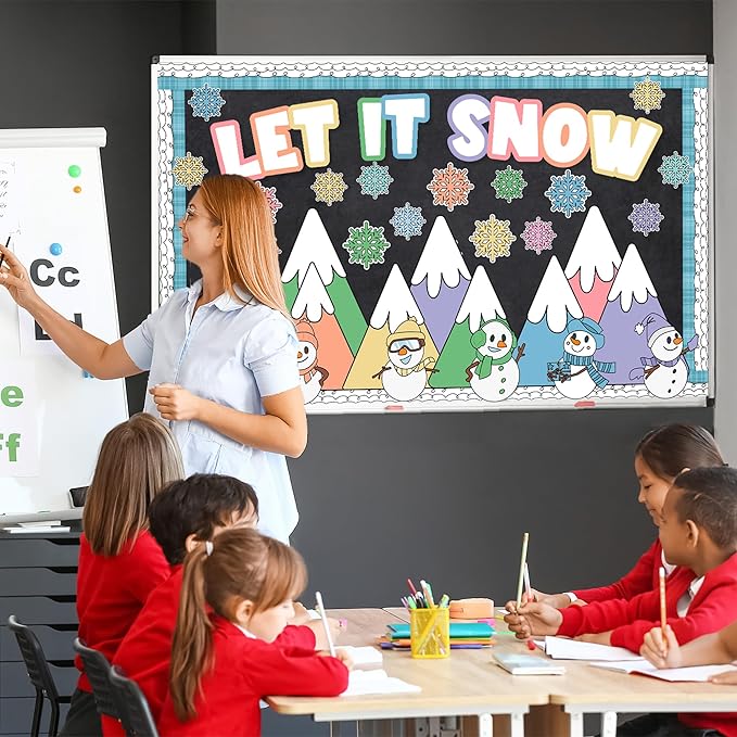 Winter Bulletin Board Decoration Let It Snow Bulletin Board Set Pastel Mountains Snowman Snowflake Cutouts Classroom Decoration for School Chalkboard Wall Door Holiday Christmas Xmas Supplies