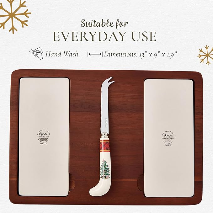 Spode Christmas Tree Cheese Board & Knife Set, Tartan Plaid - Holiday Entertaining, Charcuterie & Cracker Tray, Seasonal Serveware - Christmas Table Setting & Presentation