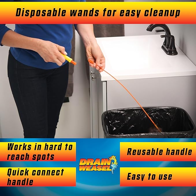 FlexiSnake Drain Weasel Sink Snake Hair Clog Remover Tool, Sink, Pipe, Bathroom, Bathtub Drain Cleaner, 18-inch Long, Flexible, Made in The USA, 10 Pack Wand Refills and Removable Handle