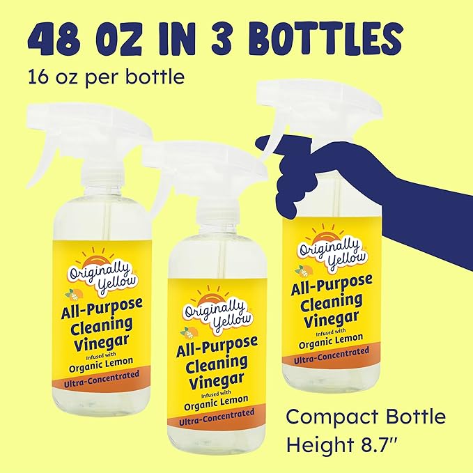 Originally Yellow Lemon Vinegar All Purpose Cleaning Spray | Distilled Cleaning Vinegar | Plant-Derived All Purpose Cleaner | Living Room, Bathroom, & Kitchen | 3 Pack