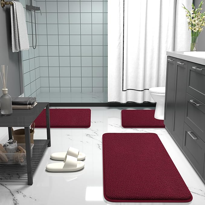 OLANLY Thick Memory Foam Bath Mat Rug 47x24, Extra Soft Absorbent Bathroom Rug, Quick Dry Bath Mats, Non-Slip, Machine Washable Carpet for Bathroom, Tub and Shower, Home Decor Accessories, Burgundy