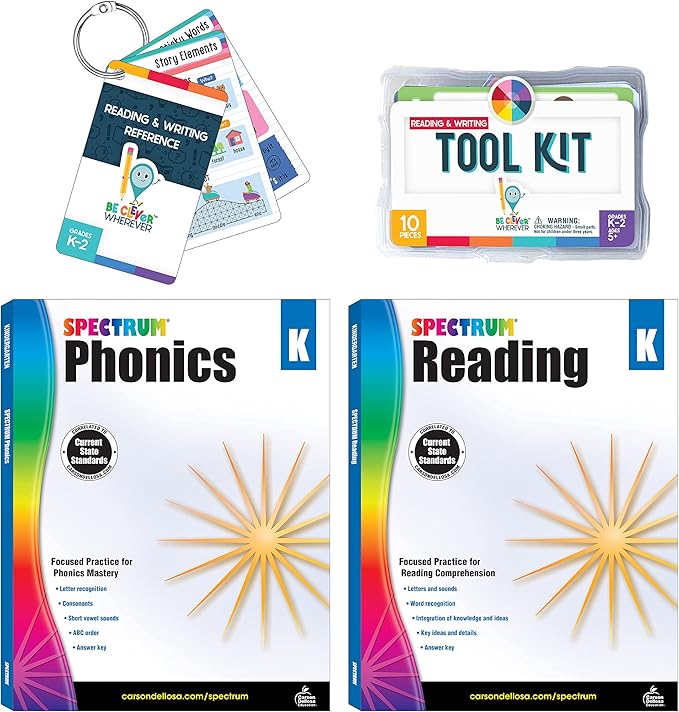 Carson Dellosa 29-Piece Grade K Literacy Teaching Supplies, Spectrum Phonics and Reading Kindergarten Workbooks, Writing Tool Kit, and Reference Flash Cards