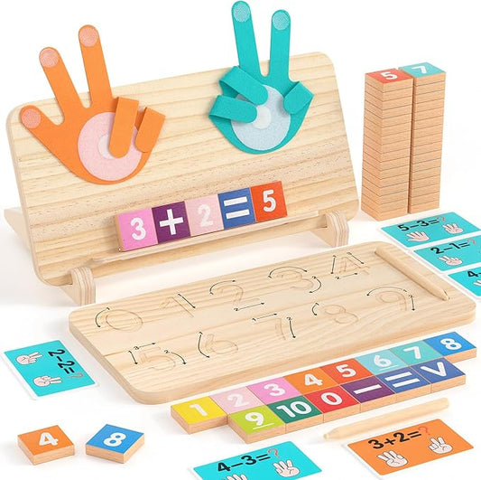Montessori Learning Toys for Toddlers 2-4, Double-Sided Finger Counting & Number Tracing Board, Number Blocks,Solid Pine Wood Educational Math Toy for Kids Boys Girls Ages 3 4 5 Year Old Birthday Gift