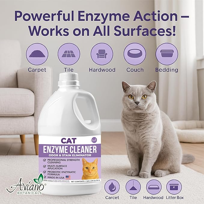 Aviano Cat Enzyme Cleaner – 1 Gallon – Made in USA – Odor Eliminator with Lemon Scent – Pet & Carpet Enzyme Cleaner for Cat Pee, Litter Boxes & Furniture