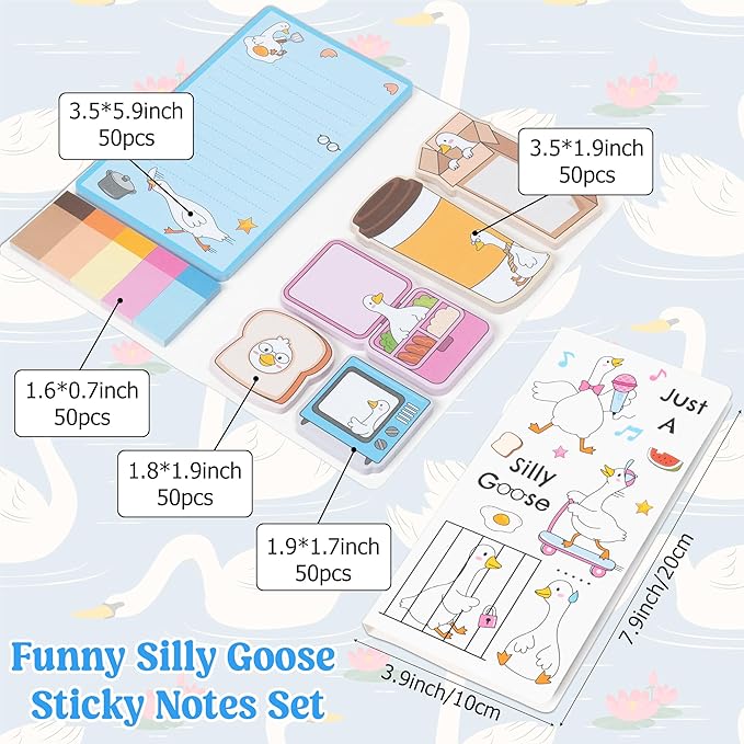 B1ykin Cute Sticky Notes Set - Just A Silly Goose Self-Stick Notes Pad, 550 Sheets Writing Memo Pages Sticky Notepad for Teacher Appreciation Gifts, School Office Party Favors Supplies (Funny Goose)
