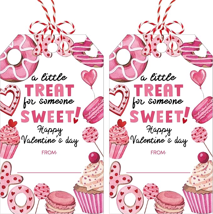 Valentines Day Gift Sticker Tags - 50Pcs A Little Treat Happy Valentine Tags with String, Gift Label Idea Valentines Activity School Classroom Party Favors-Pink