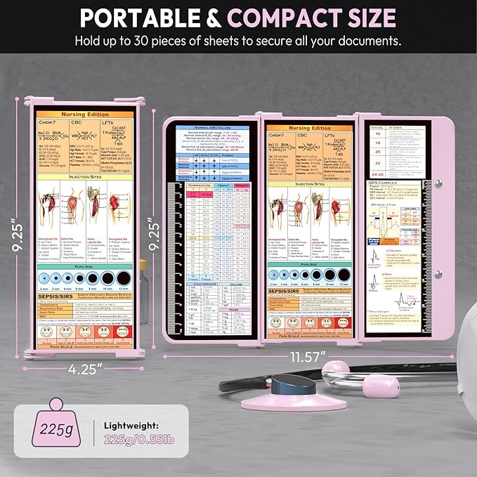 Nursing Clipboard Foldable, Foldable Clip Board w/Nursing Edition Medical Charts,3 Layers Aluminum, Nurse Note w/Low Profile Clip&Pen Clip for Students, Nurses and Doctors, Baby Pink