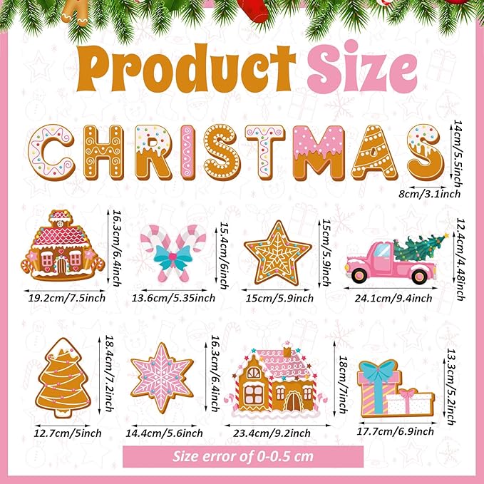 Kosiz 54 Pcs Christmas Bulletin Board Set Pink Gingerbread Man Cut-outs Merry Christmas Bulletin Board Decoration Set Pink Gingerbread House Cutouts for Xmas Holiday Party School Home Wall Door Decor