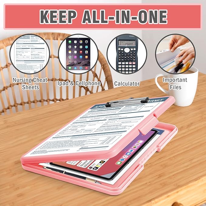 ANZNKU Clipboard with Storage, 13x9.6 Clipboard Foldable Nursing School Essentials, Clip Board Folder for Teacher Nurse Work Office Women, Storage Clipboards with Pen Holder, Document Organizer(Pink)
