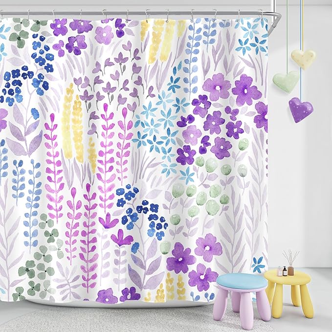 Lavender Purple Floral Shower Curtain 60x72, Colorful Boho Flower Fabric Shower Curtain, Cute Funky Watercolor Wildflower Shower Curtain Set, Cottagecore Bohemian Bathroom Decor