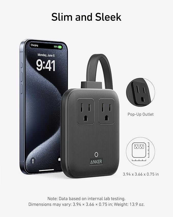 Anker Travel Power Strip, Anker Nano 67W Max 6-in-1 USB C Charger, 2 AC, 2 USB A and 2 USB C, 5ft Thin Undetachable Flat Plug Extension Cord with Multiple Outlets, Travel Essentials, Cruise Essentials