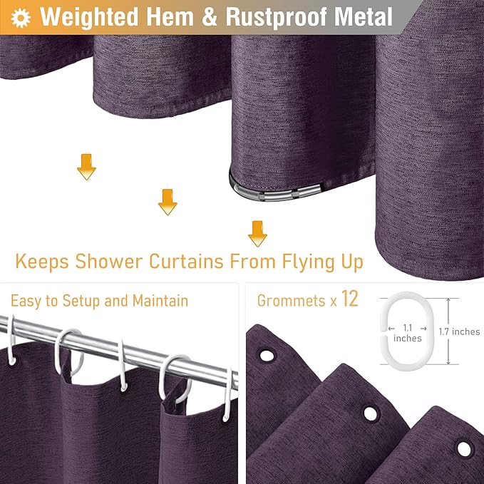 BTTN Extra Long Shower Curtain - 72x84 Inches Long Linen Textured Heavy Duty Fabric Shower Curtain Set with 12 Plastic Hooks, Tall Luxury Simple Waterproof Cloth Shower Curtains for Bathroom - Purple