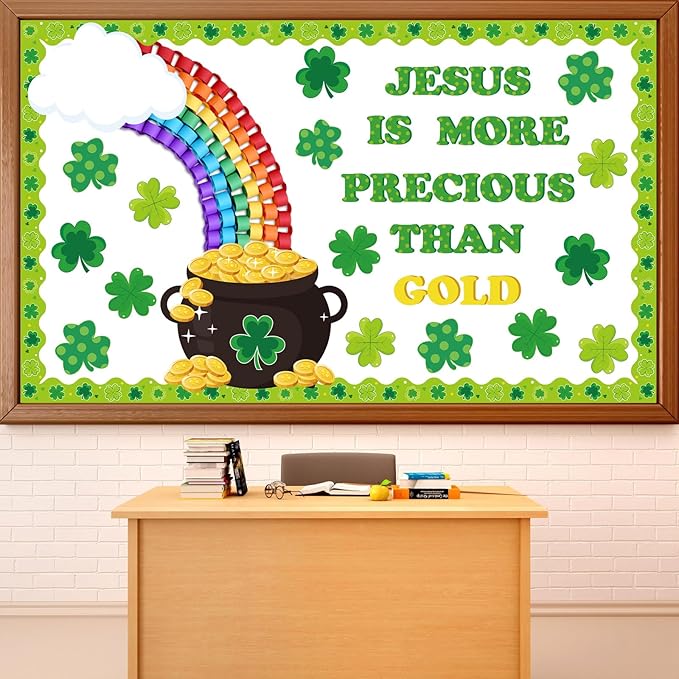 St. Patrick's Day Christian Bulletin Board Set Jesus Religious Classroom Decorations 3D Rainbow Gold Coin Paper Cutouts Shamrock Bulletin Board Borders for Church Sunday School VBS Wall Door Decor