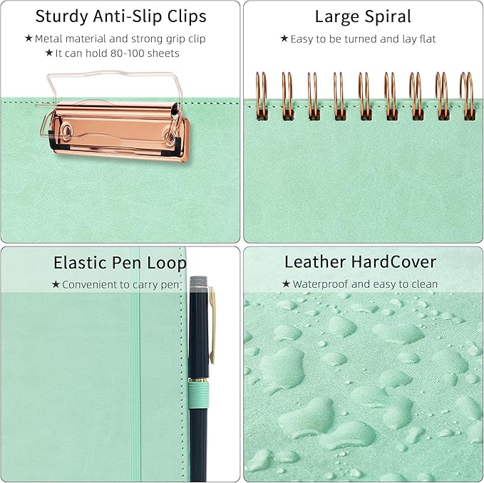 Ospelelf Leather Clipboard Folders with with Storage Zipper Pouch, Spiral Clipboard Folio with Notepad for Letter Size, 5 Folders with 10 Pockets, 39 Divider Label Stickers (Light Green)