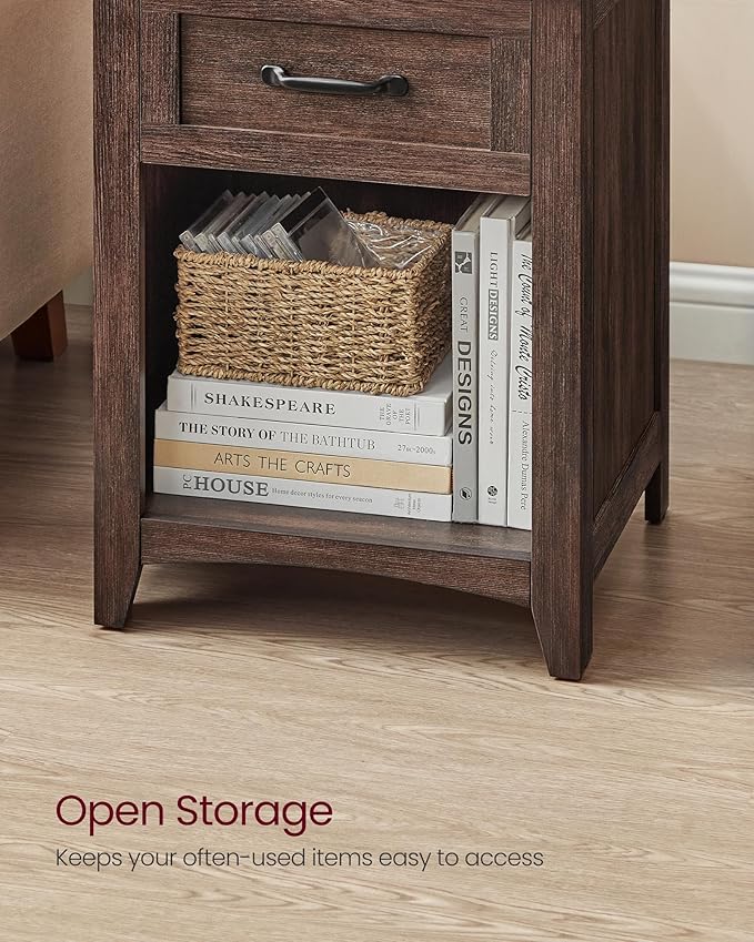 VASAGLE LIRY Collection - Farmhouse Nightstands with Charging Station, Set of 2 Bedside Tables, Side Tables with Drawer, Open Compartment, for Bedroom, Maroon Brown ULET959K51