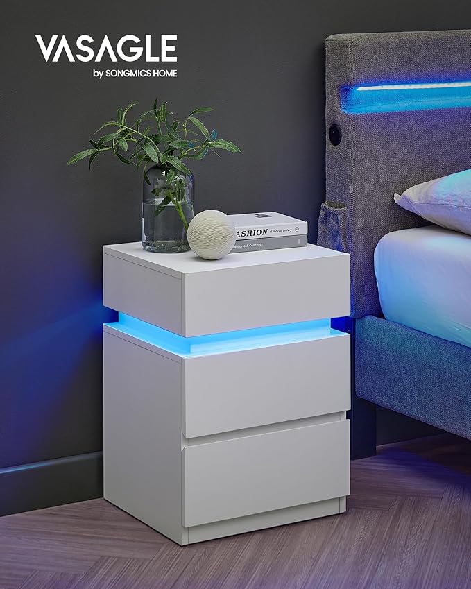 VASAGLE Nightstand with LED Lights, Adjustable Light Colors, Bedside Table, Side Table with 3 Drawers, Modern Style, 13.8 x 15.7 x 21.7 Inches, Cloud White LET630T12