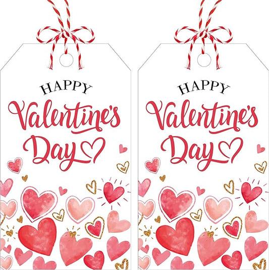 50Pcs Happy Valentines Tags for Bags - Valentine Gift Tags with String, Hanging Paper Gift Label for Wrapping Treat Bag, Idea Valentines Activity Party Favors