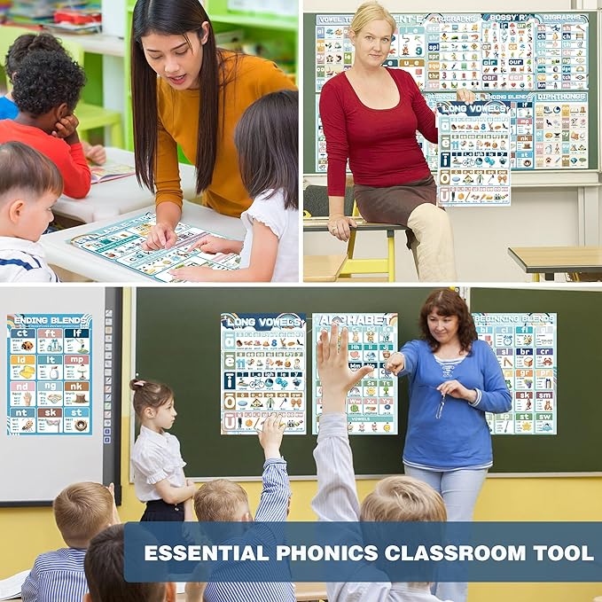 YIYDONG 16 Phonics Posters for Classroom - Learning Posters for Sound Wall Phonics Digraphs Blends Syllable Types Vowel Sounds Poster for Kindergarten, Elementary, Homeschool Supplies (Boho)