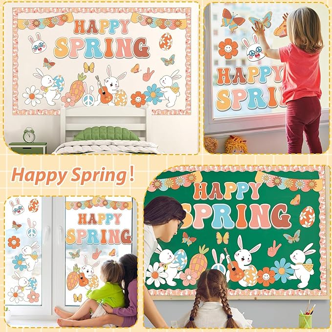 gisgfim Spring Bulletin Board Decoration Set Easter Bunny Borders Cutout for Party School Classroom Door Welcome Bulletin Board Craft Home Wall(Groovy Spring)