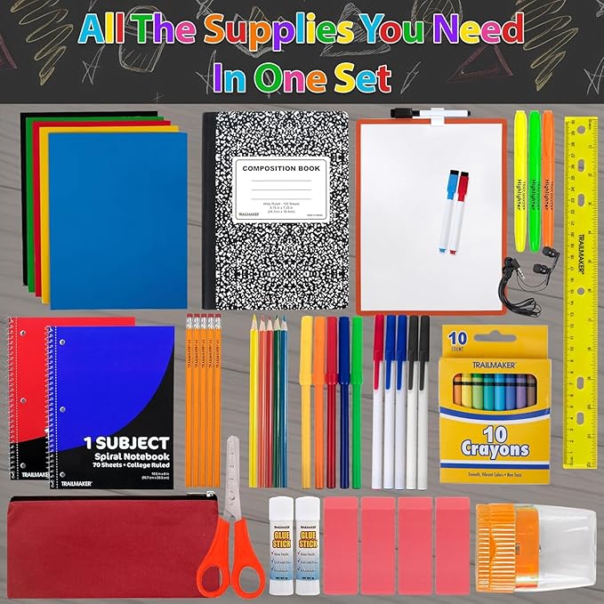 Trail maker Bulk Back to School Supplies 60 Piece Bundle Kits for Girls, Boys, Kids | Back to School Supply Box Set Includes Notebooks, Folders, Headphones, Ruler, Folders, More (12 Kits)