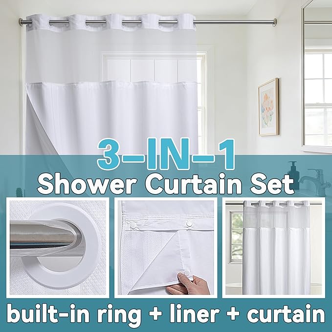 Conbo Mio Extra Long No Hook Waffle Weave Shower Curtain with Snap in Liner Set, Hotel Luxury White Shower Curtains for Bathroom with See Through Top Window, Waterproof, Washable 71W x 84H Stripe