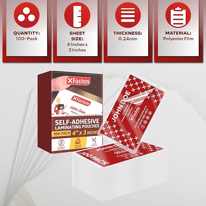 XFasten Self Seal Laminating Pouches Business Card Size 4-Inch x 3-Inch 100-Pack, 10 Mil Business Card Laminating Pouches Non-Yellowing Self Sealing Laminating Sheets Business Card Size