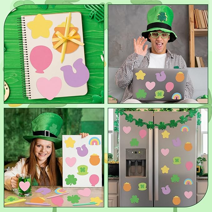 St. Patrick's Day Sticky Note - 24 Set Lucky Charm Bright Colors Super Sticky Notes Polyester Ribbons Ballpoint Pens Sticking Power Page Markers Strong Adhesive Clean Removal Semester School