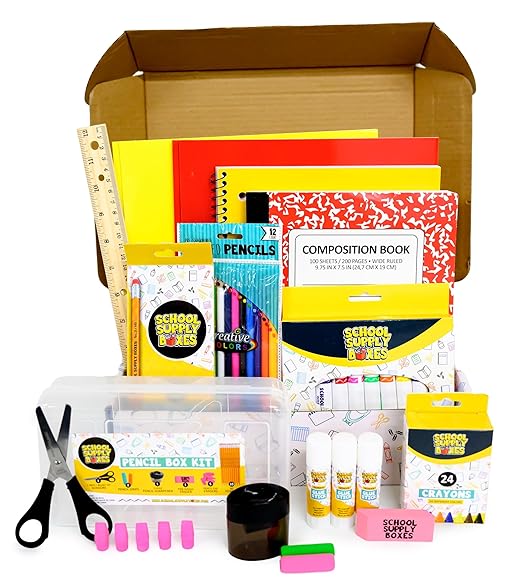 Back to School Supply Box (Case - 4 Boxes) - Grades K-5 Back to School Supplies - 32 Piece Kit Includes Markers, Crayons, Pencils, Scissors, Folders, Glue Sticks, Notebook, and Composition Book