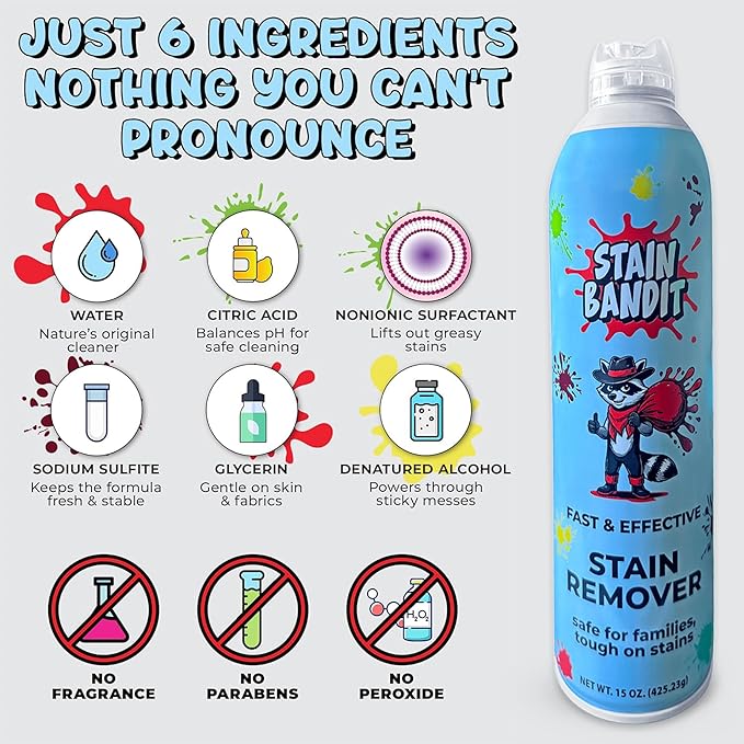 Stain Remover Spray - Non-Toxic, Family Safe Formula - Bag-On-Valve 360 Continuous Spray - Powerful Natural Cleaner for Clothes, Upholstery, Carpet, Car Seats & More - 15 oz (Pack of 2)