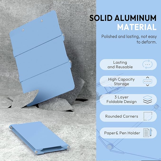 Nursing Clipboard Foldable Without Edition Cheat Charts, 3 Layers Aluminum, Nurse Board w/Low Profile Clip&Pen Clip Pocket, Light Blue