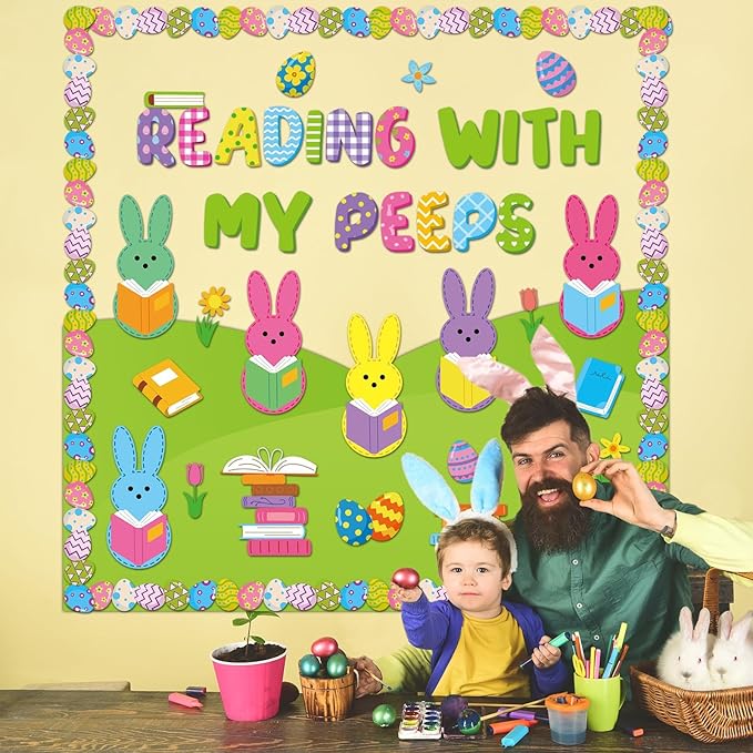 gisgfim Easter Reading Bulletin Board Decoration Set Spring Easter Bunny Egg Borders Cutouts Decor for Reading with My Peeps Bulletin Board Craft Spring Classroom School Library Home Wall(Bunny)