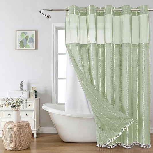 No Hook Extra Long Shower Curtain Set with Snap-in Liner,Linen Textured Thick Striped Fabric with Tassels,Boho Chic Modern Farmhouse Bathroom Curtain,Water-Repellent,Sage Green,71x86