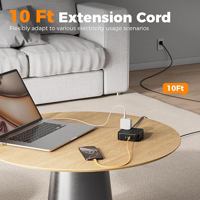TESSAN 10 Ft Flat Plug Extension Cord with Multiple Outlets, Surge Protector Power Strip with 3 USB(1 USB C) 8 Outlets, 900J Protection, Desk Charging Station for Home, Office, Dorm Room, Black