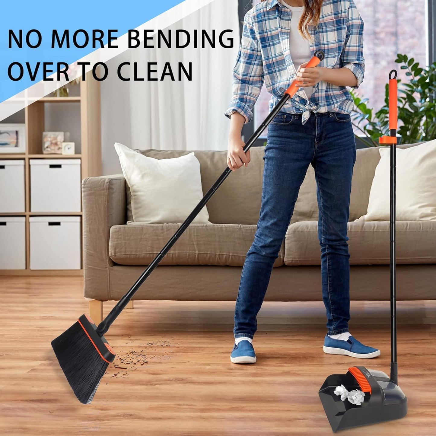JEHONN Broom and Dustpan Set for Home, Long Handle Lightweight 180 Degree Rotating Broom Set Indoor, Upright Standing Dust Pan with Comb Teeth, Store Sweep Set for Room Kitchen Office Lobby