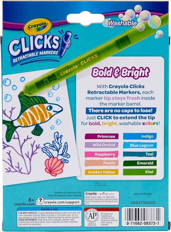 Crayola Clicks Retractable Markers - Bold (10ct), Essential Easter Basket Stuffers, Spring Craft Supplies, Gifts for Kids & Toddlers, No Dry Washable Markers for Kids