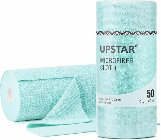 UPSTAR Microfiber Cleaning Cloth, Reusable Paper Towels Rolls, 50 Packs 12x12 inch Cleaning Rags for Washing Dishes, Kitchen, Bathroom, Car, Blue