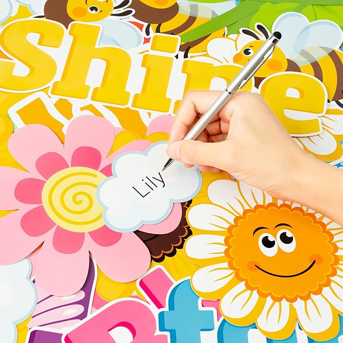 BeYumi 88Pcs We Bloom for Jesus Rain or Shine Christian Bulletin Board Set Spring Rainbow Sun Honeycomb Flowers Cutouts Name Tags Trim Border Faith Religious Sunday School Chalkboard Church Decoration