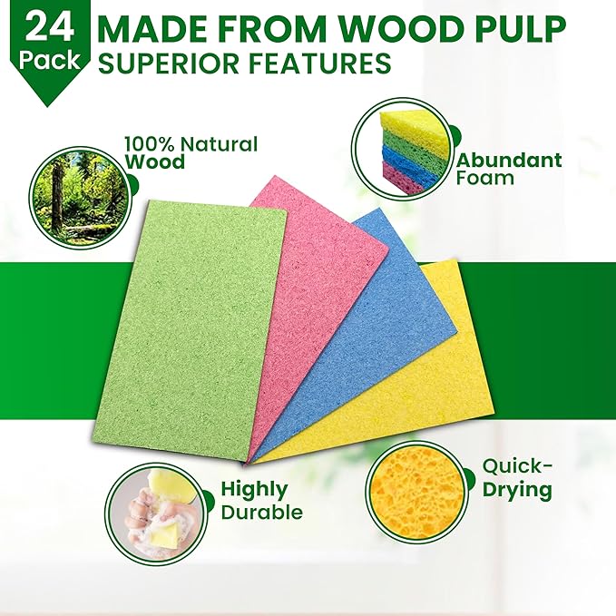 Cellulose Sponges – 24-Pack Multicolored Compressed Natural for Kitchen – Plant-Based, Biodegradable, Non-Scratch, Quick-Dry, Super-Absorbent for Dishes & Surfaces