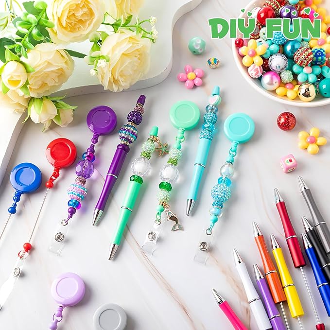 24 Pcs DIY Beadable Kit Include 12 Beadable Ballpoint Pen Black Ink 12 Bead DIY Badge Reel Retractable ID Name with Belt Clip Holder for Nurse Teacher Making Gift Office School Supplies