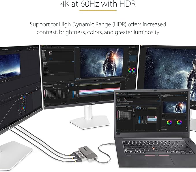 StarTech.com 3-Port USB-C Multi-Monitor Adapter, USB Type-C to 3x DisplayPort 1.4 MST Hub, Triple 4K 60Hz DP Laptop Display Extender / Splitter, HDR, Extra-Long Built-In Cable, Windows (MST14CD123DP)