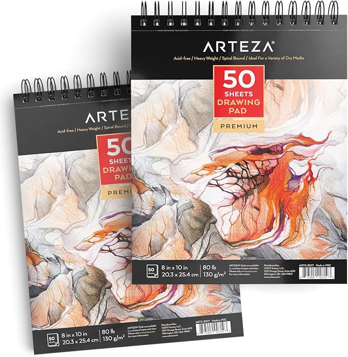 ARTEZA Drawing Paper Pad, 8 x 10 Inches, Pack of 2, 50 Sheets Each, Spiral Bound Artist Drawing Books, Durable Acid Free White Sketch Paper